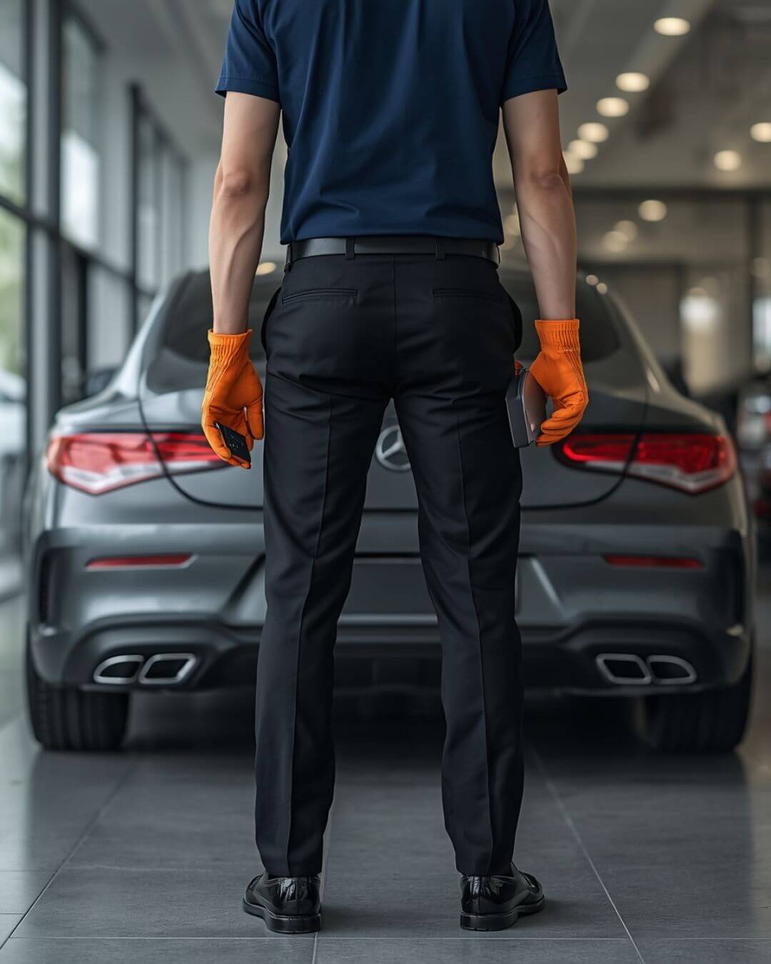 técnico de espaldas revisando mercedes cla coupe con máquina de diagnosis y guantes naranjas